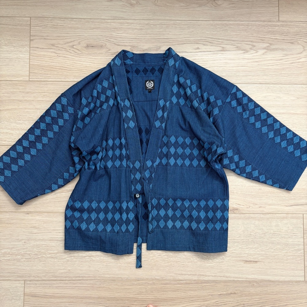 Aoyama Daruma Japan Indigo Sashiko Hanten Haori Kimono Cardigan Diamond
